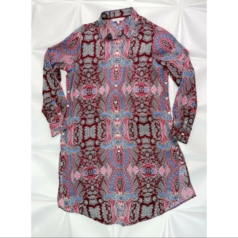 Foxcroft Sz 8 Long Paisley Print Tunic Button Up Shirt m Duster Side Slits